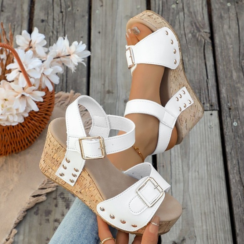 Cork Wedge Sandal - Damskie letnie sandały na koturnie, platformie,