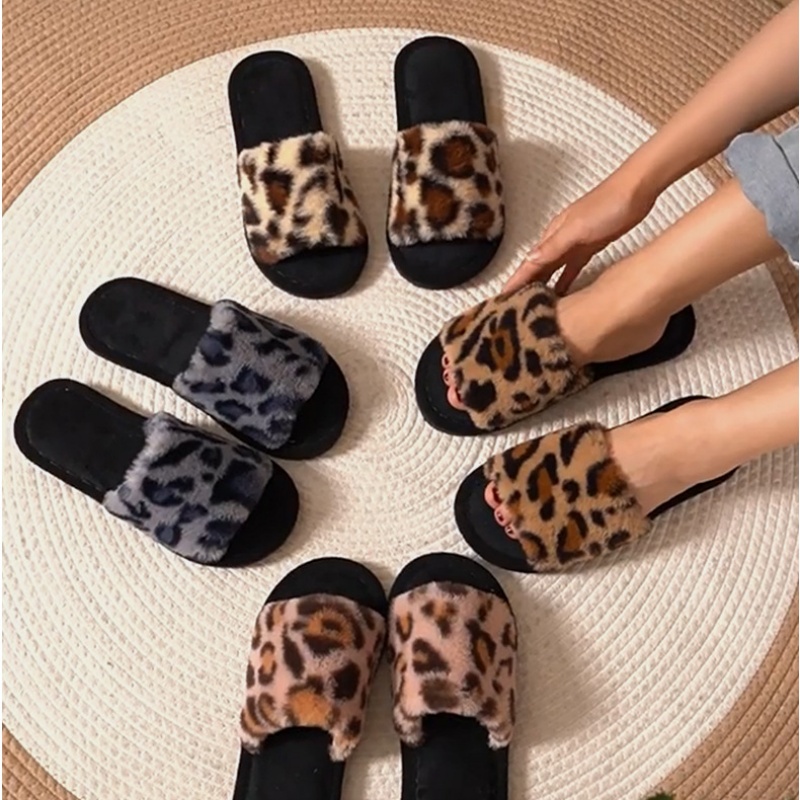 Leopard Print Heels - Ciepłe, puszyste, futrzane kapcie damskie w